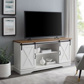 58" Modern Farmhouse TV Stand, White/Reclaimed Barnwood