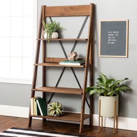 Frankie 68" Solid Wood Ladder Bookshelf, Brown