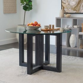 Sylvie Glass Top Dining Table with Wood Base