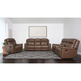 Gilmore 3-Piece Leather Reclining Sofa Set, Brown