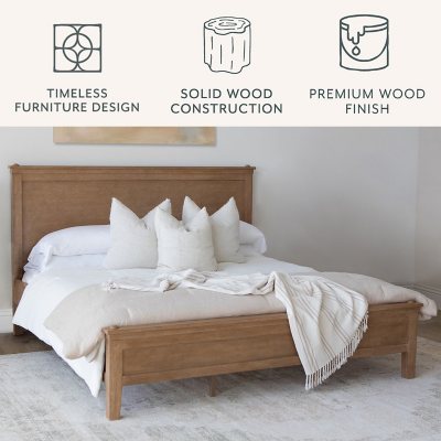 Wooden Bed Frame with Headboard - Natural Rubberwood, Queen