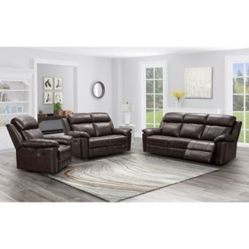 Manhattan Top-Grain Leather 3-Piece Reclining Sofa Set, Assorted Colors