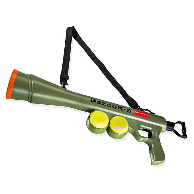 OxGord BazooK-9 Tennis Ball Launcher Bundle (Two Squeaky Ball Dog Toys and Launcher Shoulder Strap)