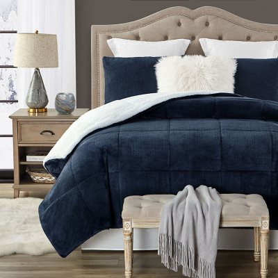 Swift Home Plush Faux Fur 3-piece Reverse to Sherpa Comfoter Set- Navy King/Cal King:- Navy, King/Cal King