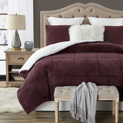 Swift Home Plush Faux Fur 3-piece Reverse to Sherpa Comfoter Set- Wine King/Cal King:- Wine, King/Cal King