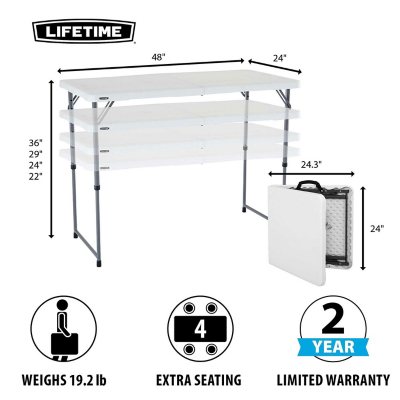 Lifetime Height Adjustable Craft Camping&Utility Folding  Table4Foot,4'/48x24,White Granite, 1 - Foods Co.