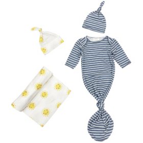 Toby Fairy 4-Piece Stripe and Sun Hat, Gown and Wrap Set, 0-6 Months (Washed Indigo & White)