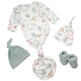 Toby Fairy 4-Piece Dino Gown, Hat and Bootie Set, 0-6 Months, Seafoam & White