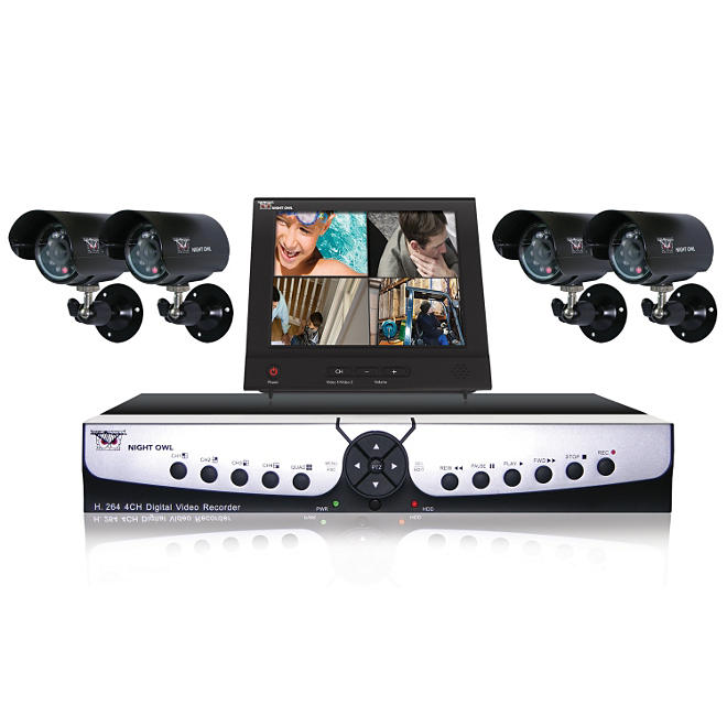 Night Owl 4 Channel H.264, 500GB Hard Drive Security System with 4 x 30' Outdoor Night Vision cameras and 8" Color LCD Monitor