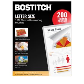 Bostitch Thermal Laminating Pouches, 8.5 in x 11 in, 3 mil - 200 pk.