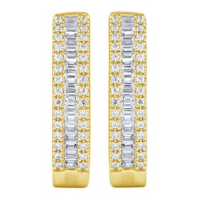 0.46 CT. T.W. Baguette & Round Cut Diamond Hoop Earrings in 14K Gold