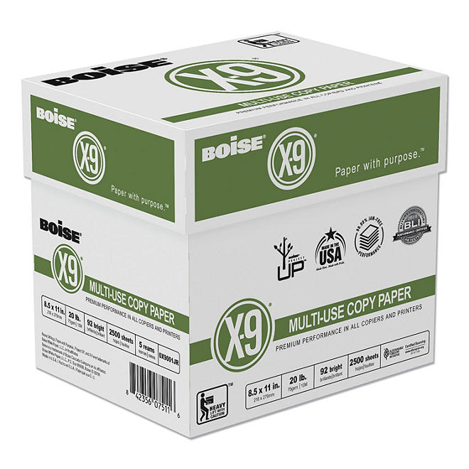 Boise X-9 Copy Paper, 92 Brightness, 20lb, 8-1/2 x11, White -  2500 Sheets/Carton