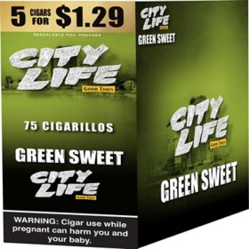 City Life Cigarillo Foil Pouch, Green Sweet Pre-Priced $1.29 for 5 cigars, 15 pack