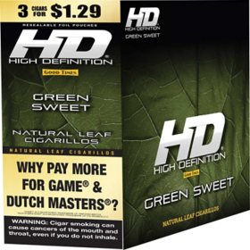 HD Natural Leaf Cigarillos, Green Sweet Pre-Priced $1.29 for 3 cigars, 15 pack