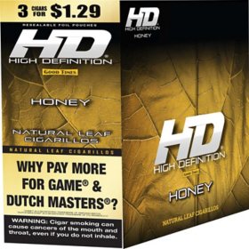 HD Natural Leaf Cigar, Honey Pre-Priced $1.29 for 3 cigars, 15 pack