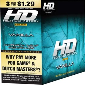HD Natural Leaf Cigar, Vanilla Pre-Priced $1.29 for 3 cigars, 15 pack