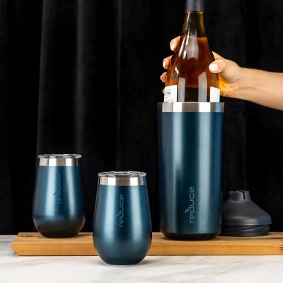 Fits Most Wine Bottles No Ice Required Denim Reduce Wine Cooler Set Keep Wine at The Perfect Temperature Stainless Steel Wine Bottle Cooler Set with 2 12oz Insulated Wine Tumblers