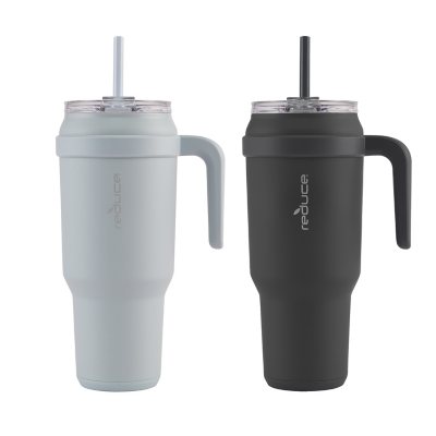 REDUCE 50 oz Mug Tumbler with Handle and Straw, Stainless Steel, 2pk,  Clay/Slate 