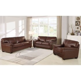 Brooks Brown Top-Grain Leather 3-Piece Seating Set  