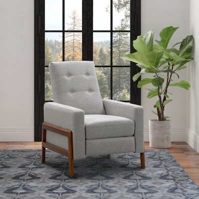 Taylor + Logan 27 in. W Gray Upholstered Transitional Style Pillow Back Recliner with Accent Nail Trim and Pushback Recline, Light Gray