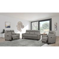 Victoria 3-Piece Top-Grain Leather Set with Power Reclining and Power Headrests, Light Grey