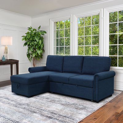 Hamilton Fabric Reversible Storage Sectional with Pullout Bed, Navy Blue