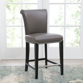 Soloman Gray Leather Stool With Espresso Finish, Assorted Sizes