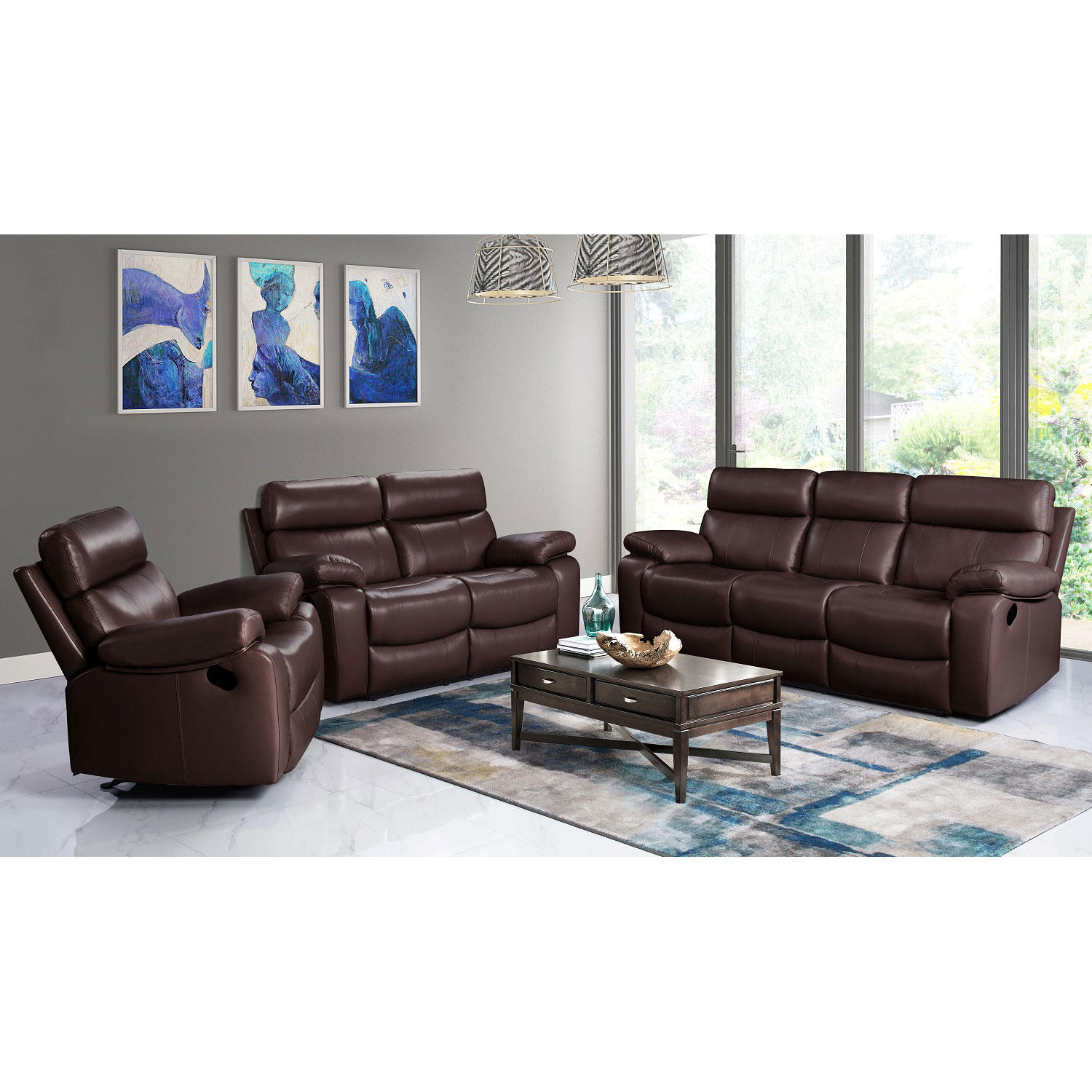 Strafford TopGrain Leather 3 Piece Reclining Sofa Set