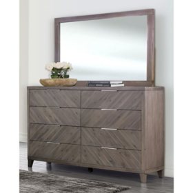 Cleo Chevron Solid Wood Case Bedroom Collection, Gray Dresser & Mirror