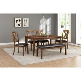  Reese Wood Dining Table and Chairs with Bench (Set of 6)