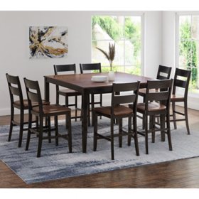 Wesley 9-Piece Counter Height Wood Dining Set, Brown