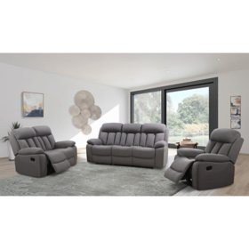  Kensington Fabric 3-Piece Reclining Sofa Set, Gray
