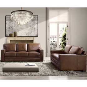 Emery Top-Grain Leather Sofa and Loveseat, Brown