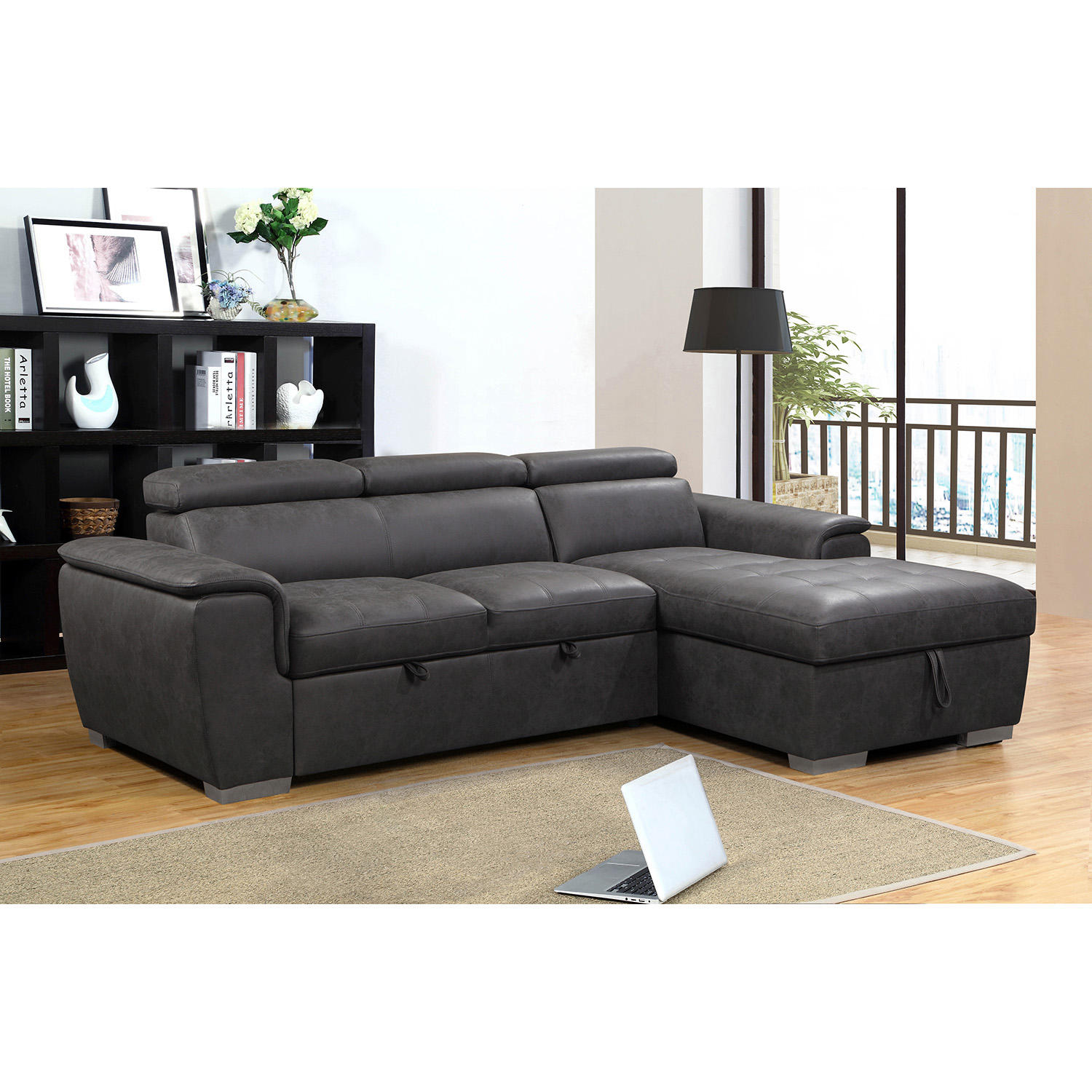 Abbyson Living Cameron Stain-Resistant Sectional Sofa with Storage and Pullout Bed