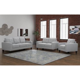  Edgewater Stain-Resistant Fabric 3-Piece Living Room Set, Light Gray
