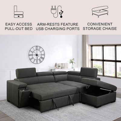 220926 Zion Fabric Storage Sectional with Pullout Bed Assorted Colors Dark Gray
