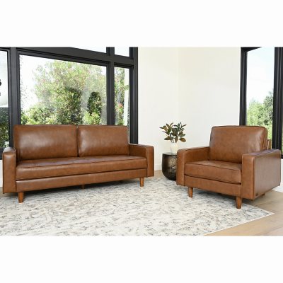 Jasper Mid-Century Top-Grain Leather 2 Piece Sofa & Armchair Set