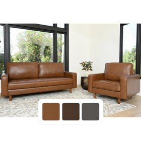 Jasper Mid-Century Top-Grain Leather Sofa & Armchair Set, Assorted Colors