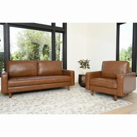 Jasper Mid-Century Top-Grain Leather Sofa & Armchair Set