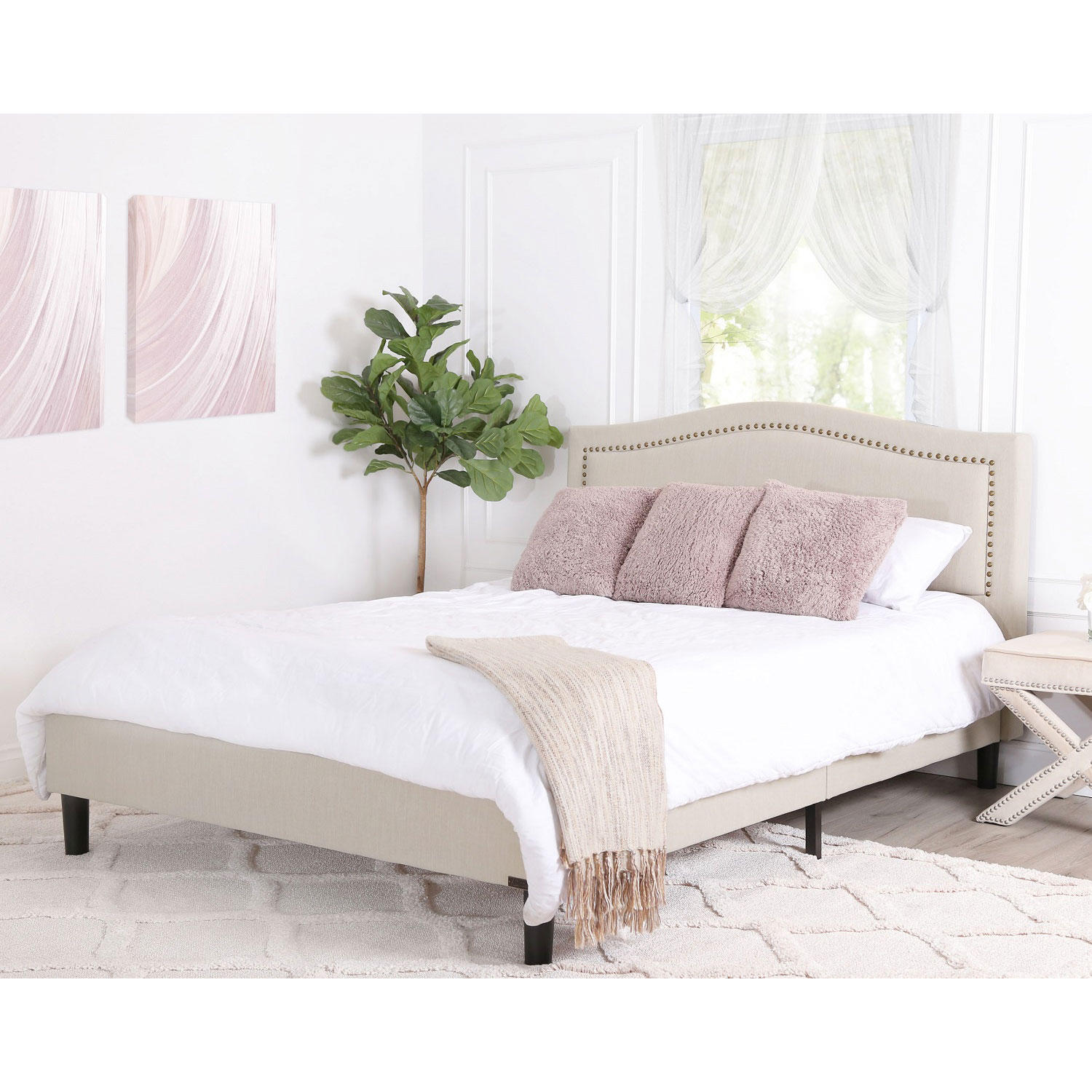 Ellie Cream Linen Upholstered Queen Platform Bed