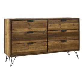 Crow 6-Drawer Solid Pine Wood Dresser With Metal Legs, Brown