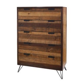Crow 5-Drawer Solid Pine Wood Chest With Metal Legs, Brown