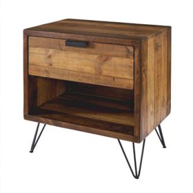 Crow 1-Drawer Solid Pine Wood Nightstand With Metal Legs, Brown