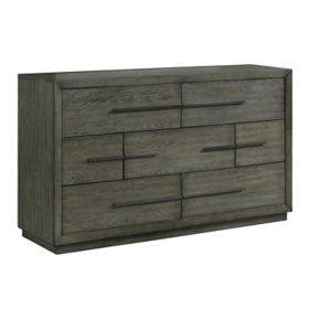 Hollis 7-Drawer Oak and Pine Wood Dresser with Silver Handles, Grey