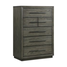 Hollis 6-Drawer Oak and Pine Wood Chest with Silver Handles, Grey