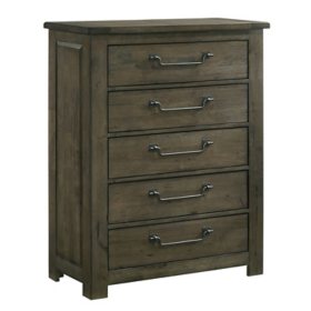 Memphis 5-Drawer Rubberwood Chest with Metal Pulls, Antique Grey