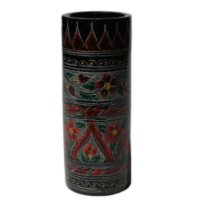 Black Lacquer Wood Vase With Etched Floral Design