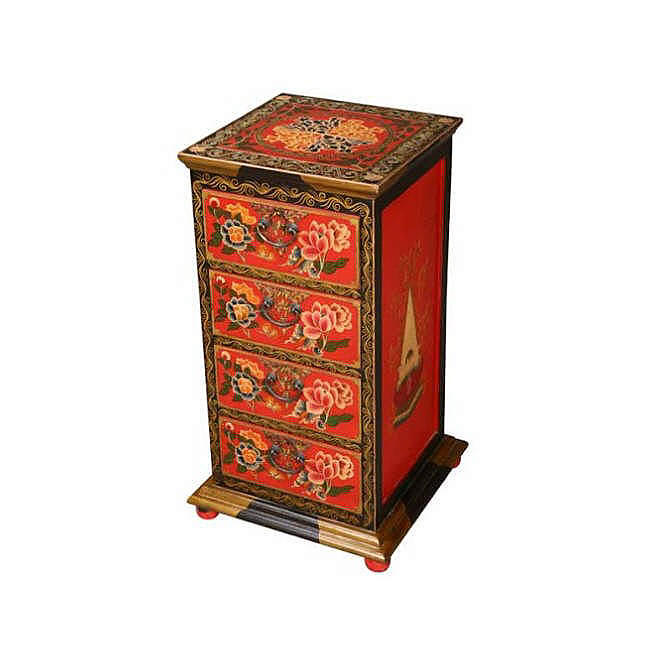 Hand-Painted Red and Black Tibetan Dresser/End Table