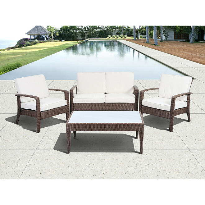 Cavalier Brown Synthetic Wicker Patio Seating Set with Off-White Cushions (4 pcs.)