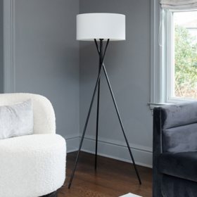 LAMPz® 58in Tripod Floor Lamp with White Linen Shade, Black or Brass